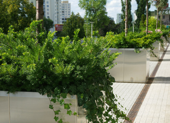 modern metallic planters in urban landscape