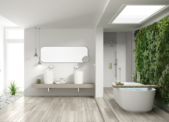 artificial green wall in contemporary bathroom