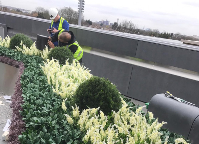 using artificial plants for a roof terrace bar at Tottenham Hotspur